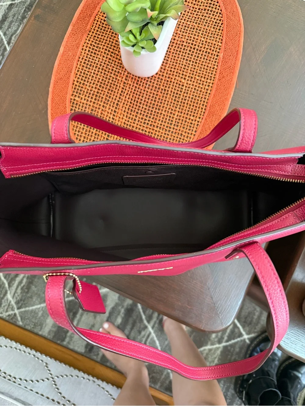 Coach Fuchsia Pebbled Leather Tote with Shoulder Straps